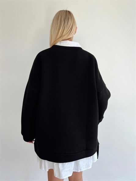 Victory Süzene Nakış Oversize Sweatshirt Siyah