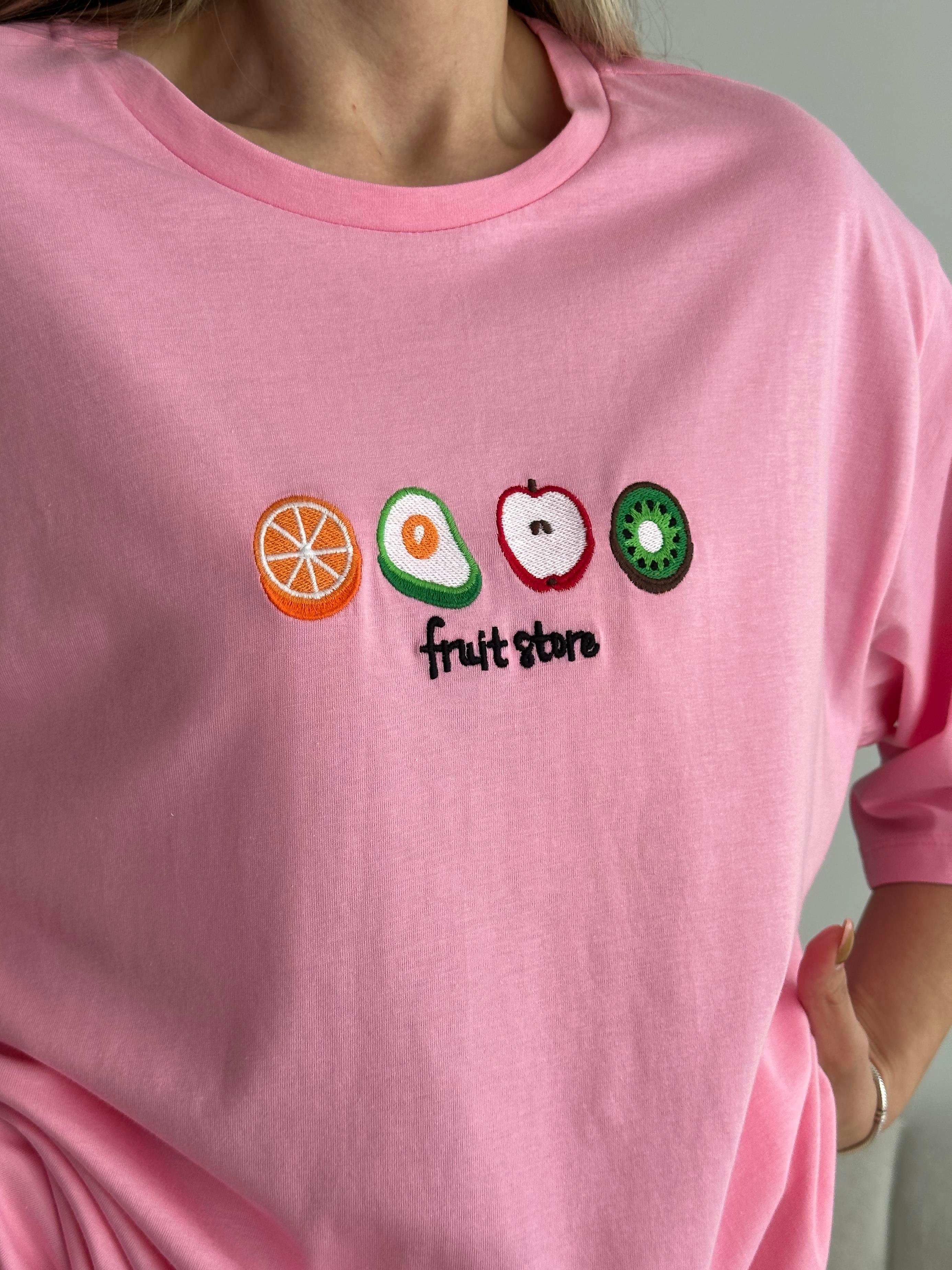 Fruit Nakış Basic T-shirt Pembe