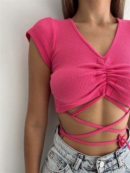 Bel İp Detay Büzgülü Crop Pembe
