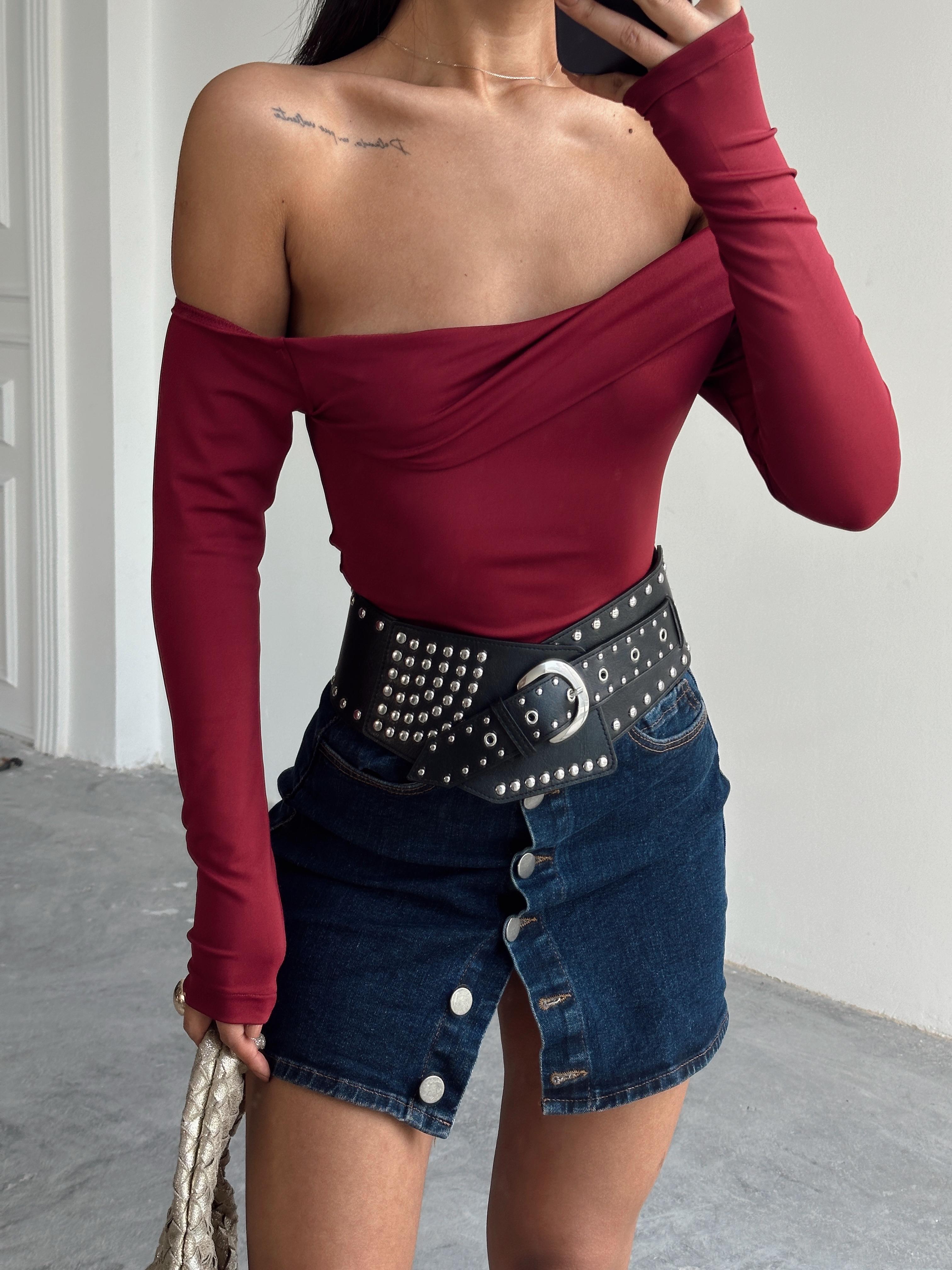 Yaka Katlama Bluz  - Bordo