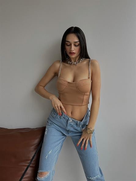 Cup Detay Zincirli Büstiyer Taba