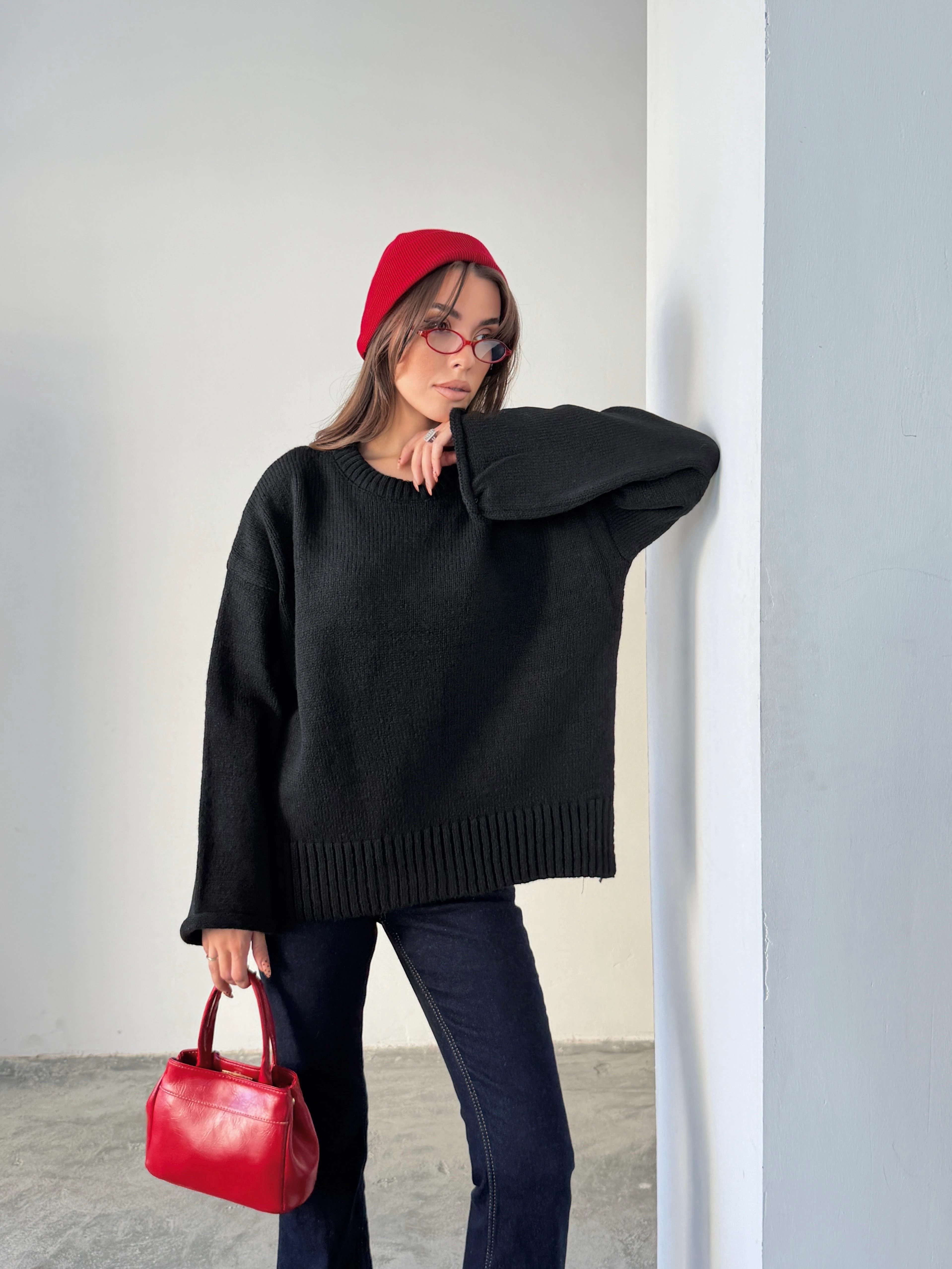 Yırtmaçlı Basic Triko  - Siyah