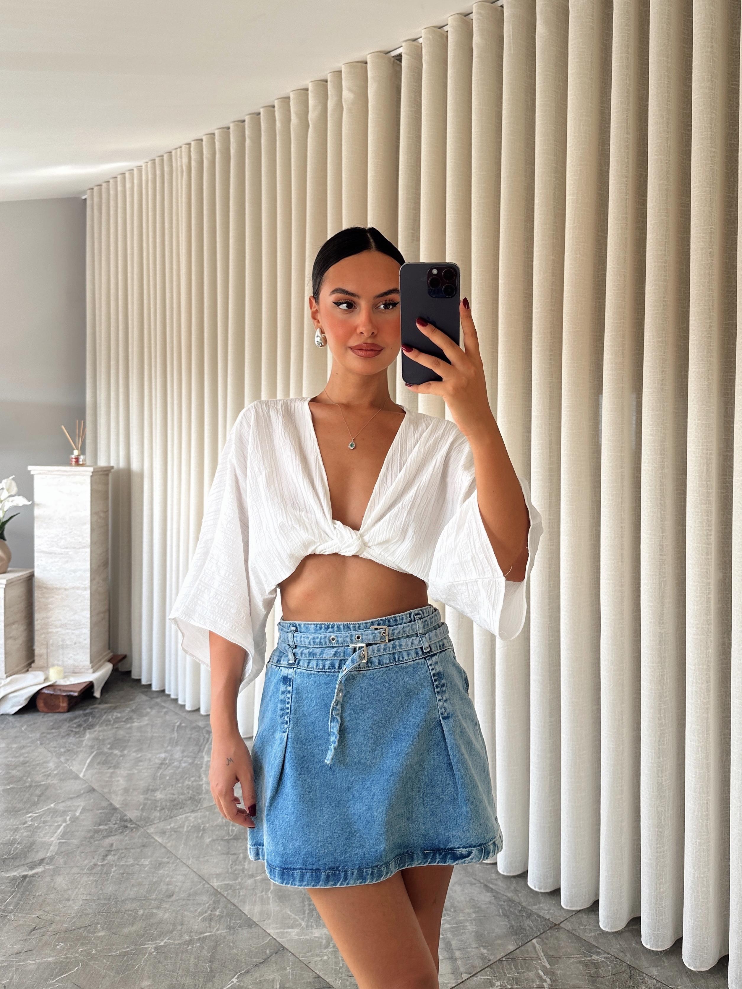 Pileli Denim Etek Mavi