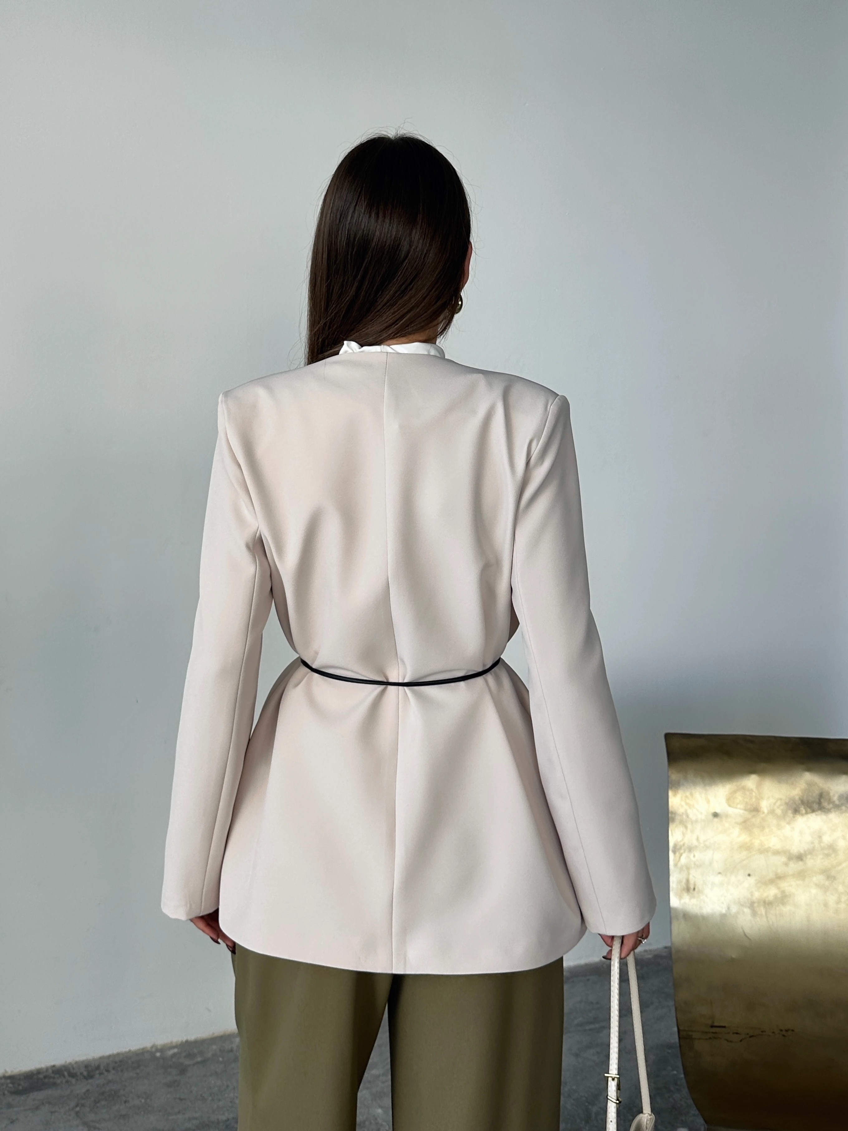 Deri Kemerli Blazer Ceket - Taş