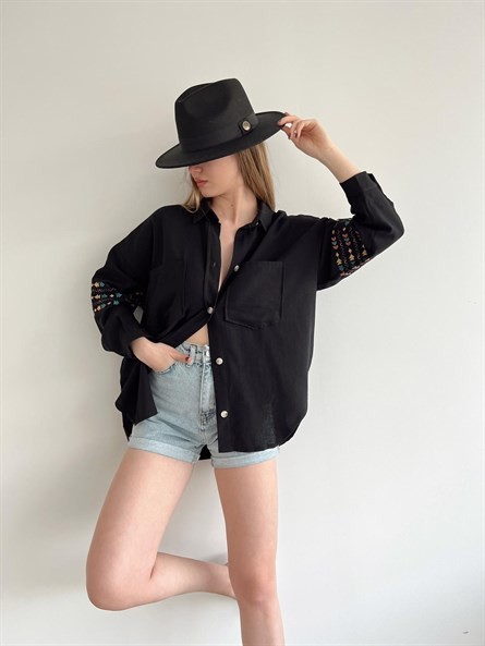 Etnik Nakışlı Oversize Gömlek Siyah