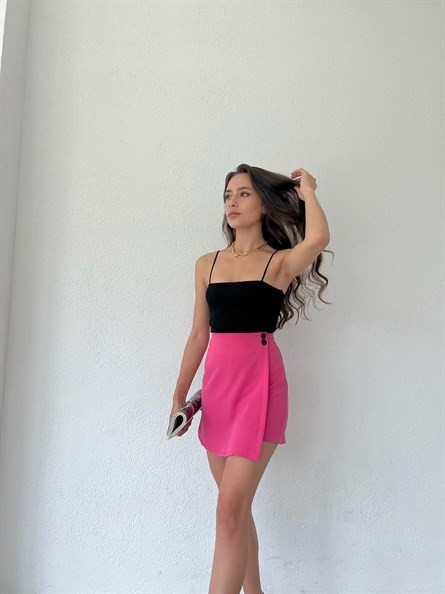 Düğme Detay Asimetrik Şort Etek Pembe