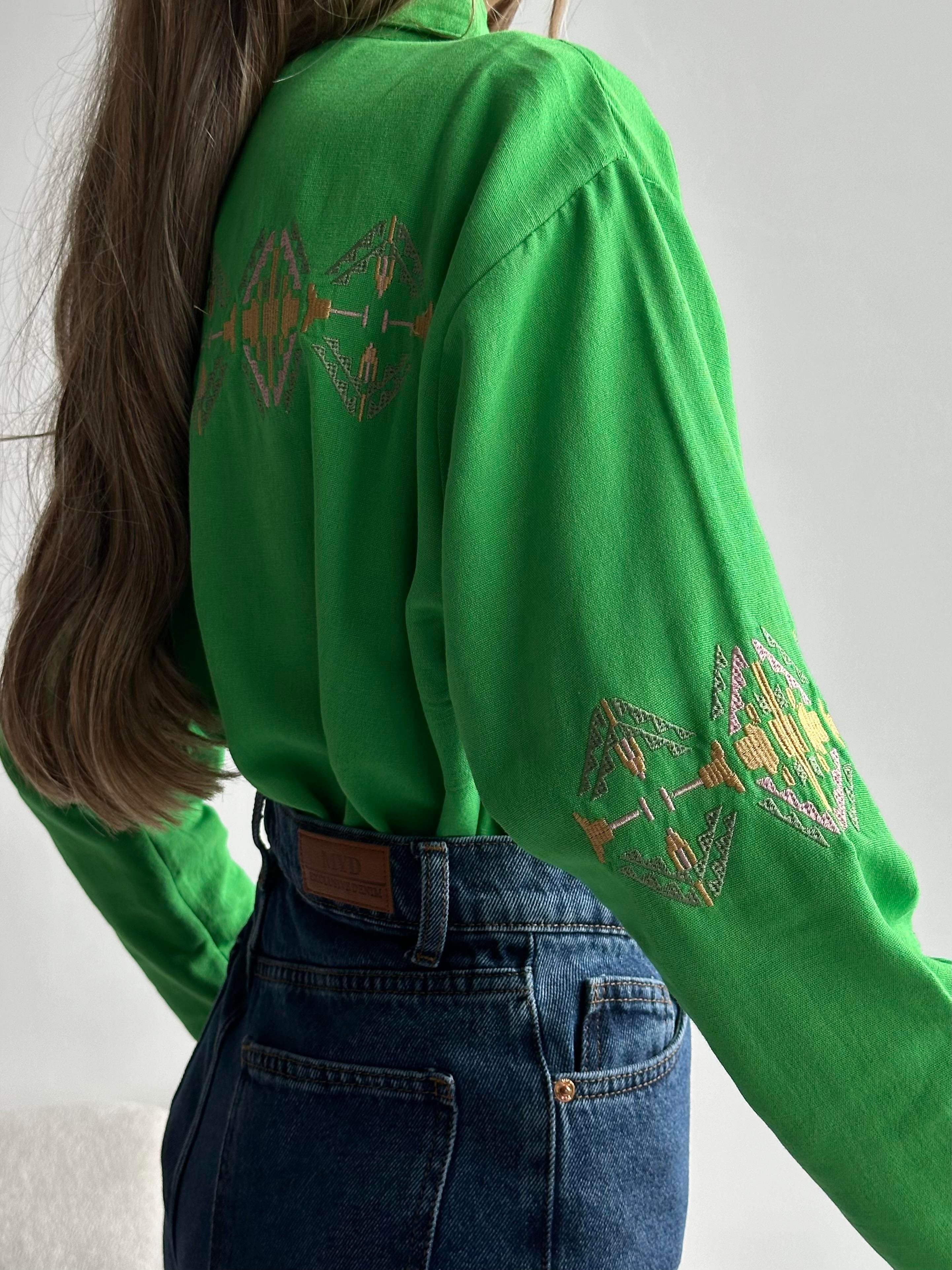 Kol Nakış İşleme Oversize Keten Gömlek Yeşil