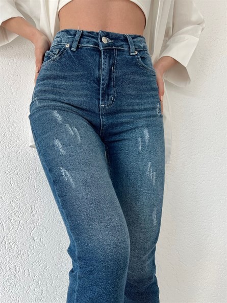 Yüksek Bel Tırnaklı Mom Jean Lacivert