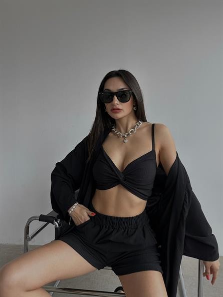 Üçlü Sun Kimono Takım Siyah