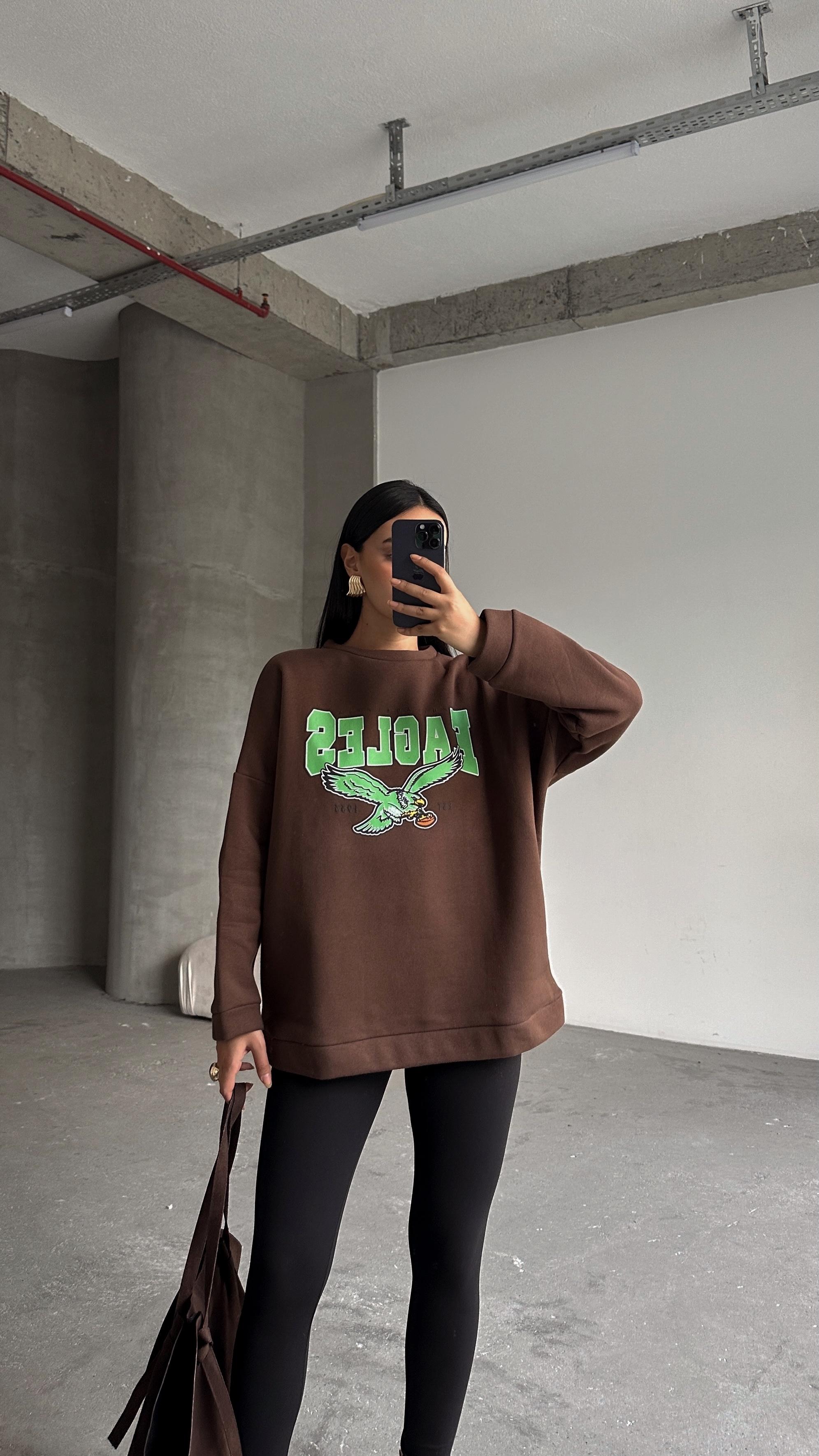 Eagles Üç İplik Oversize Sweat Kahverengi