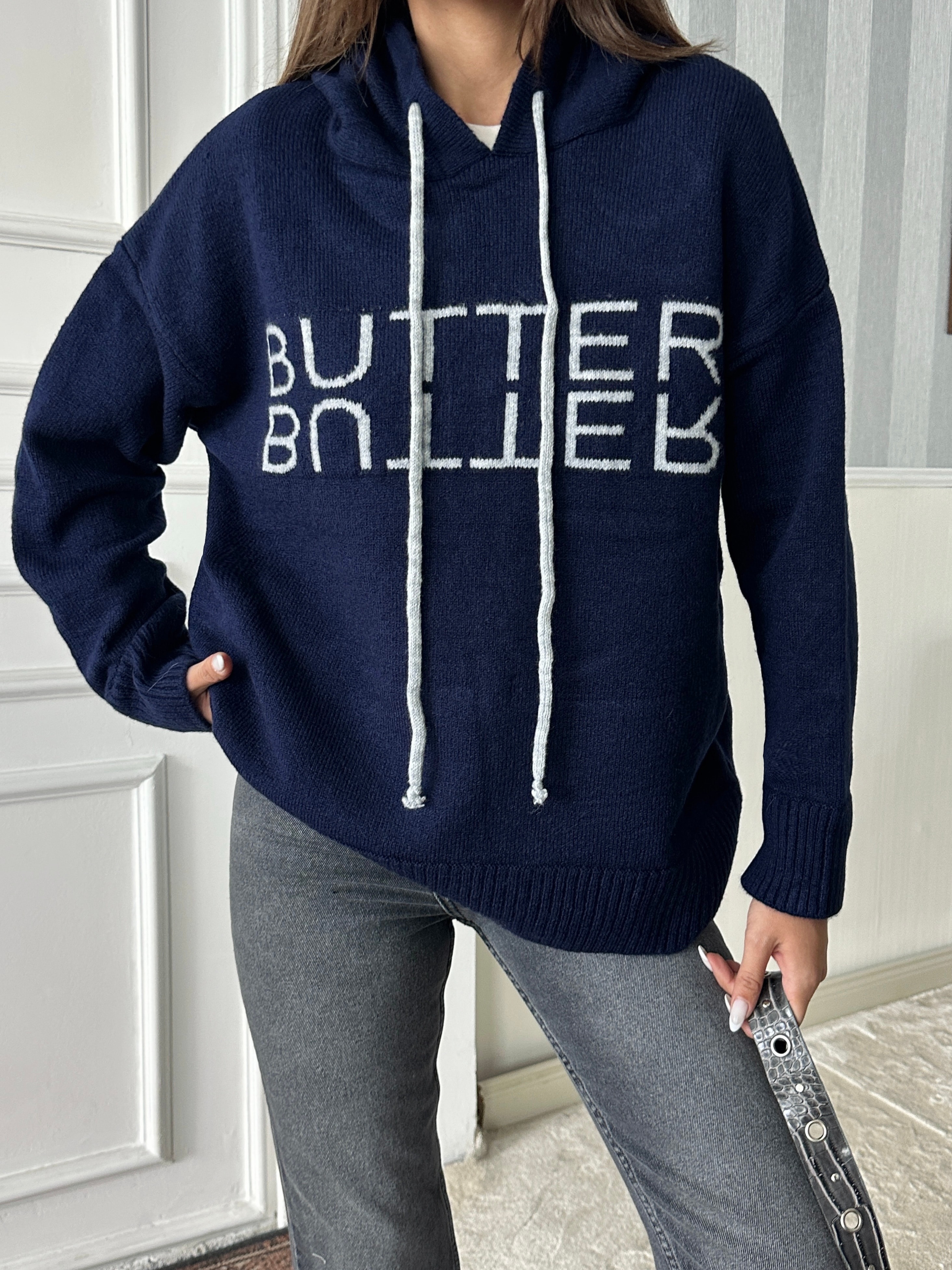 Kapüşonlu Butter Triko - Lacivert