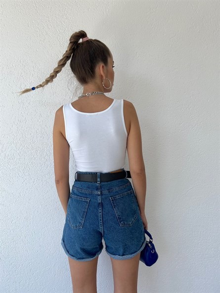 Kare Yaka Basic Bluz Beyaz