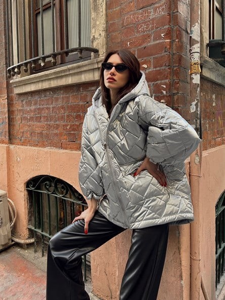 Shine Kapüşonlu Oversize Mont Metalik Gri