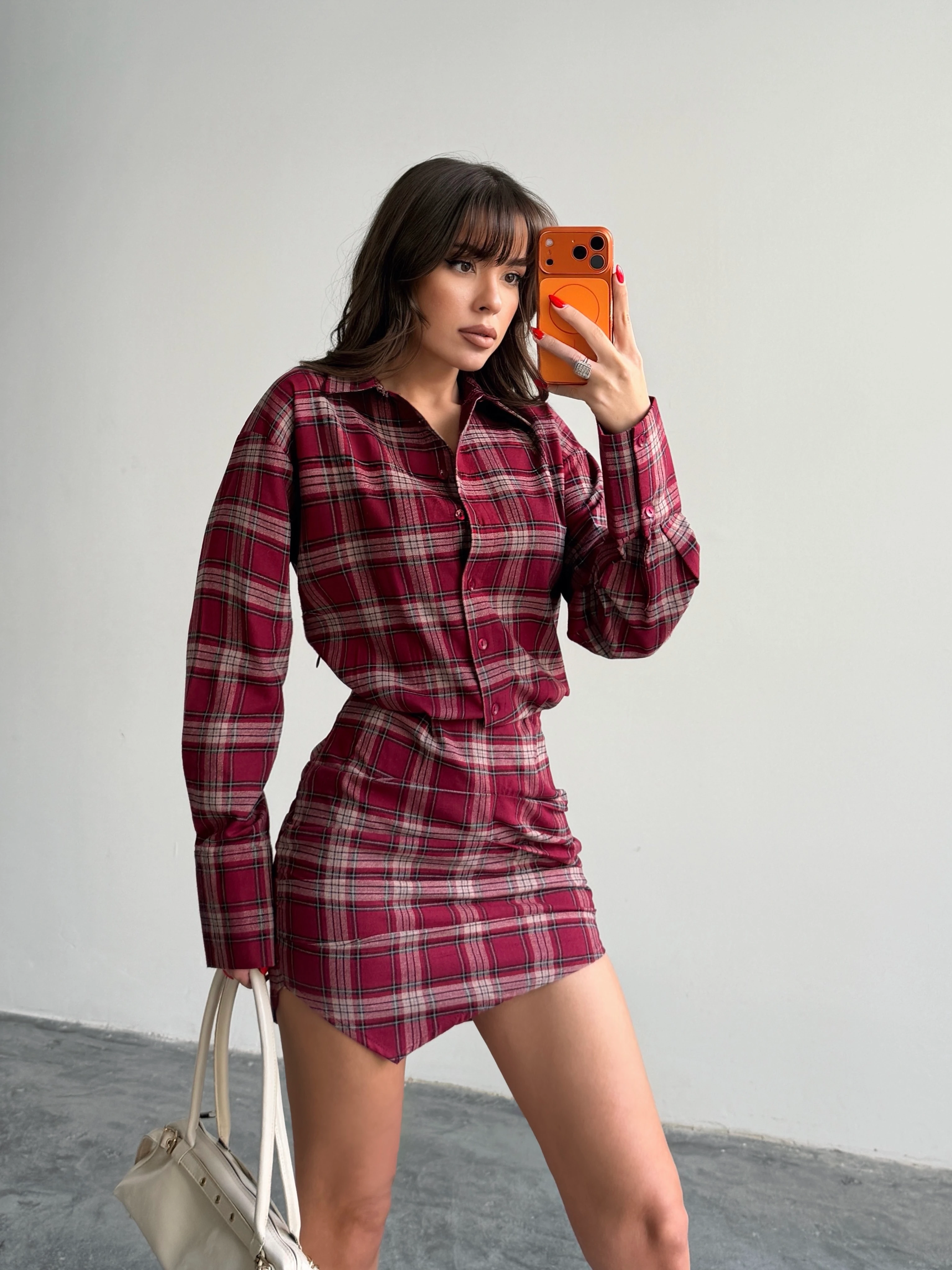 Ekose Gömlek Elbise  - Bordo