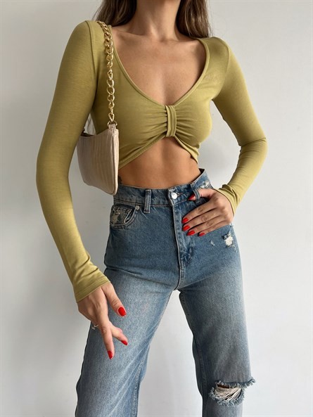 Be Happy Ön Burgu Croptop Yağ Yeşili