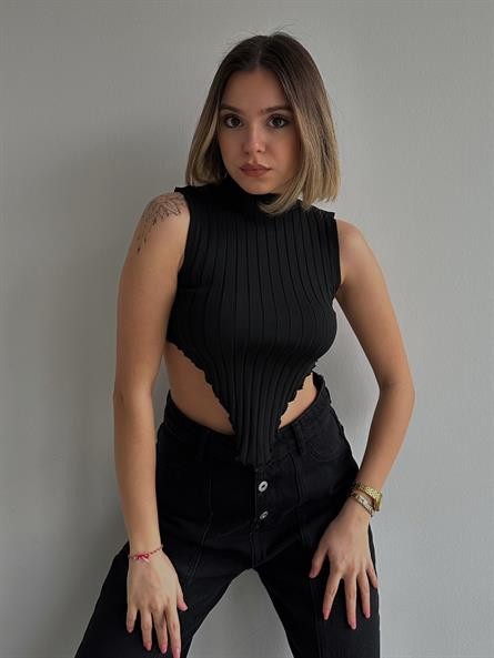 Bel Detay Balıkçı Crop Siyah