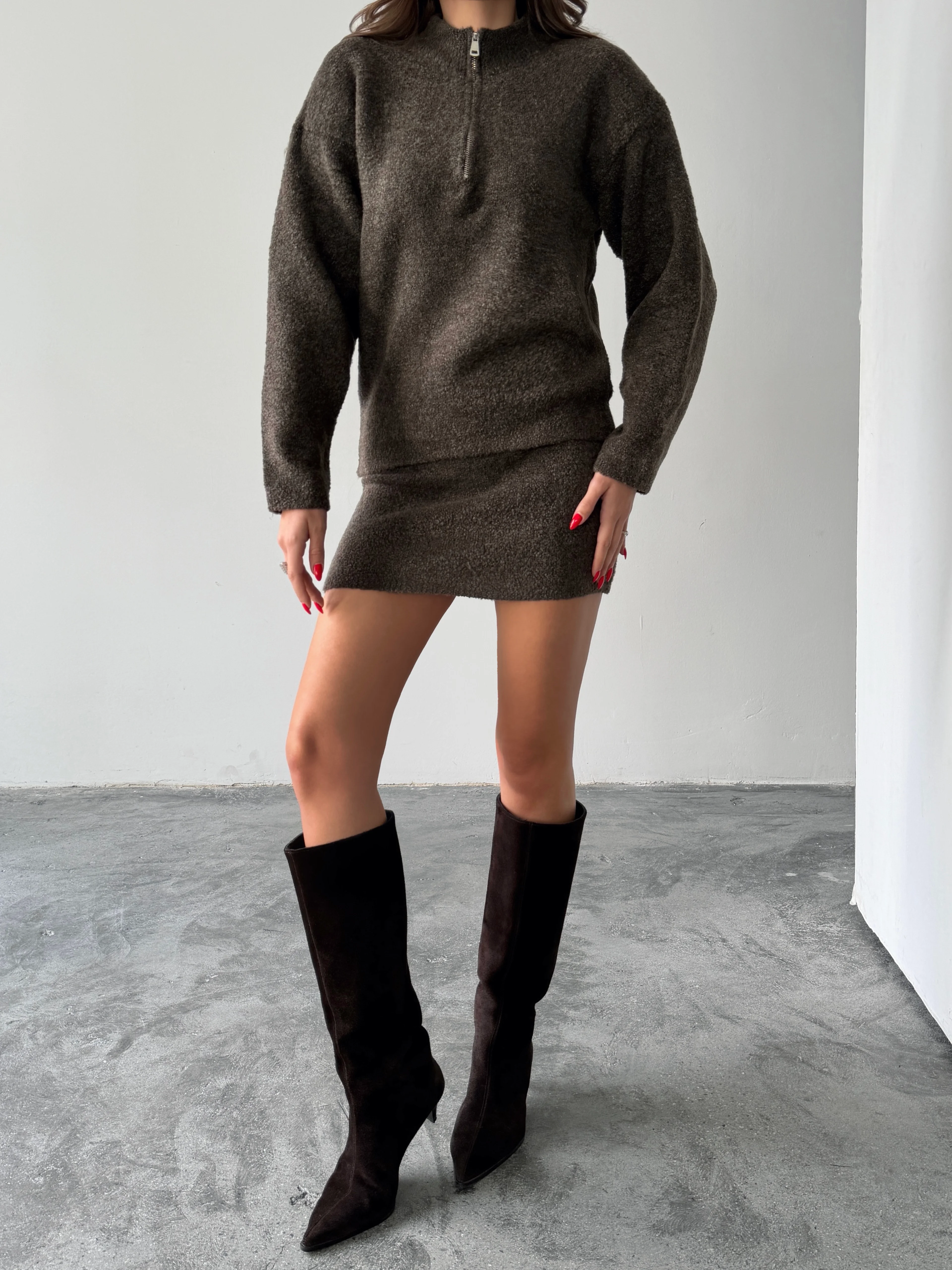 Yarım Fermuarlı Triko Takım  - Kahve