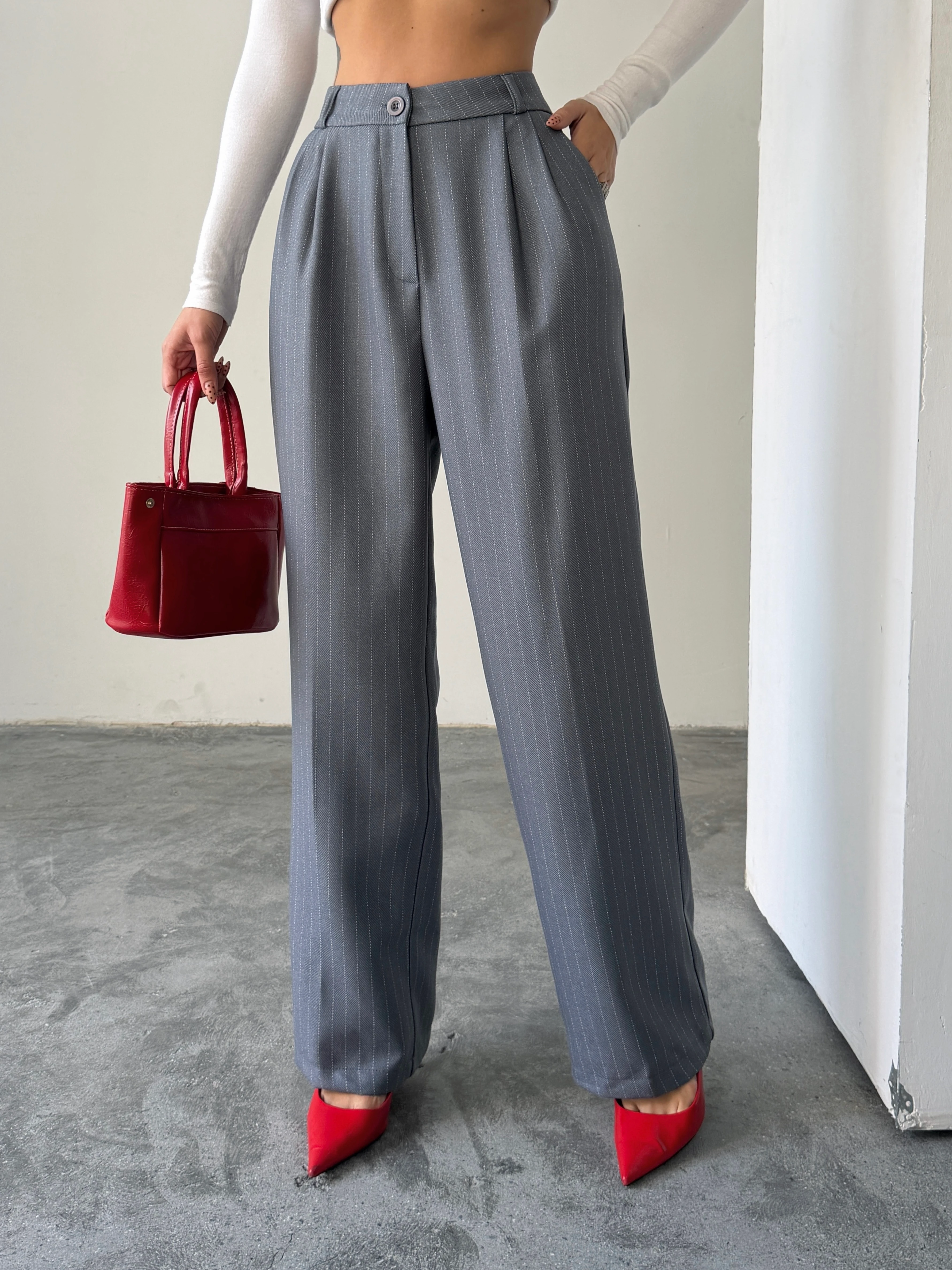 Yünefekt Çizgili Palazzo - Gri