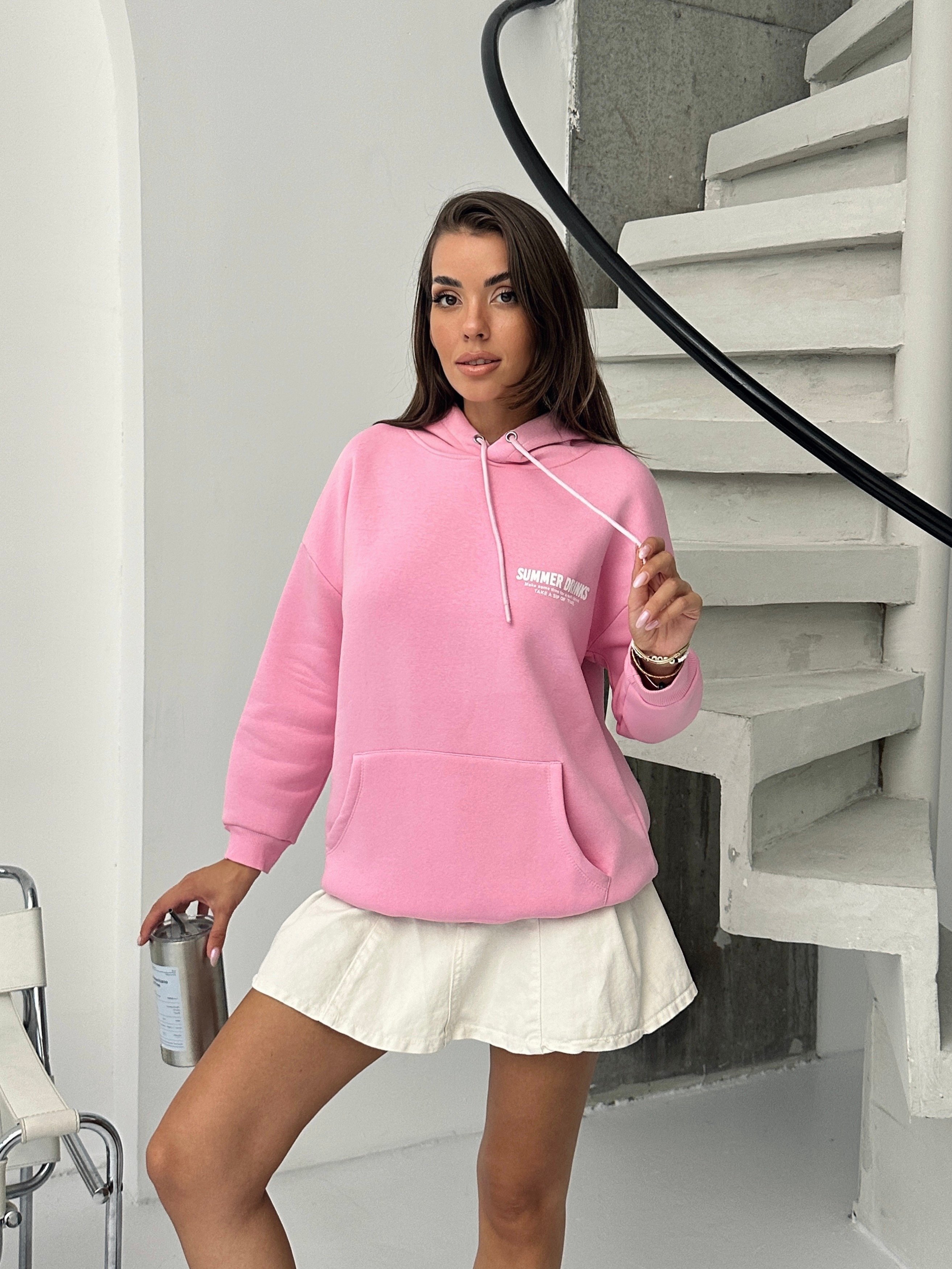 Baskılı Kapüşonlu Oversize Sweat - Pembe