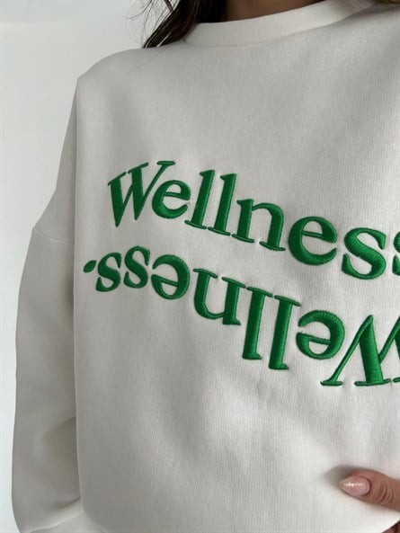 Wellness İşleme Nakışlı Oversize 3 İplik Şardonlu Sweatshirt Beyaz