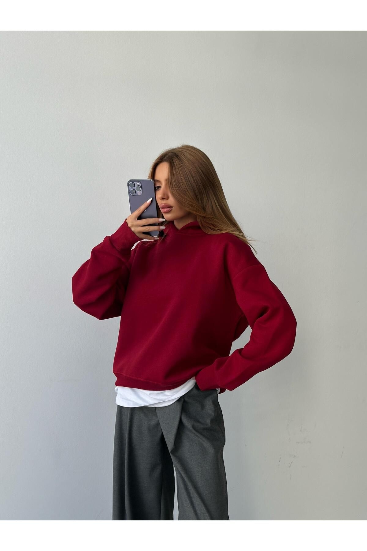 Kapüşonlu Sweatshırt Bordo