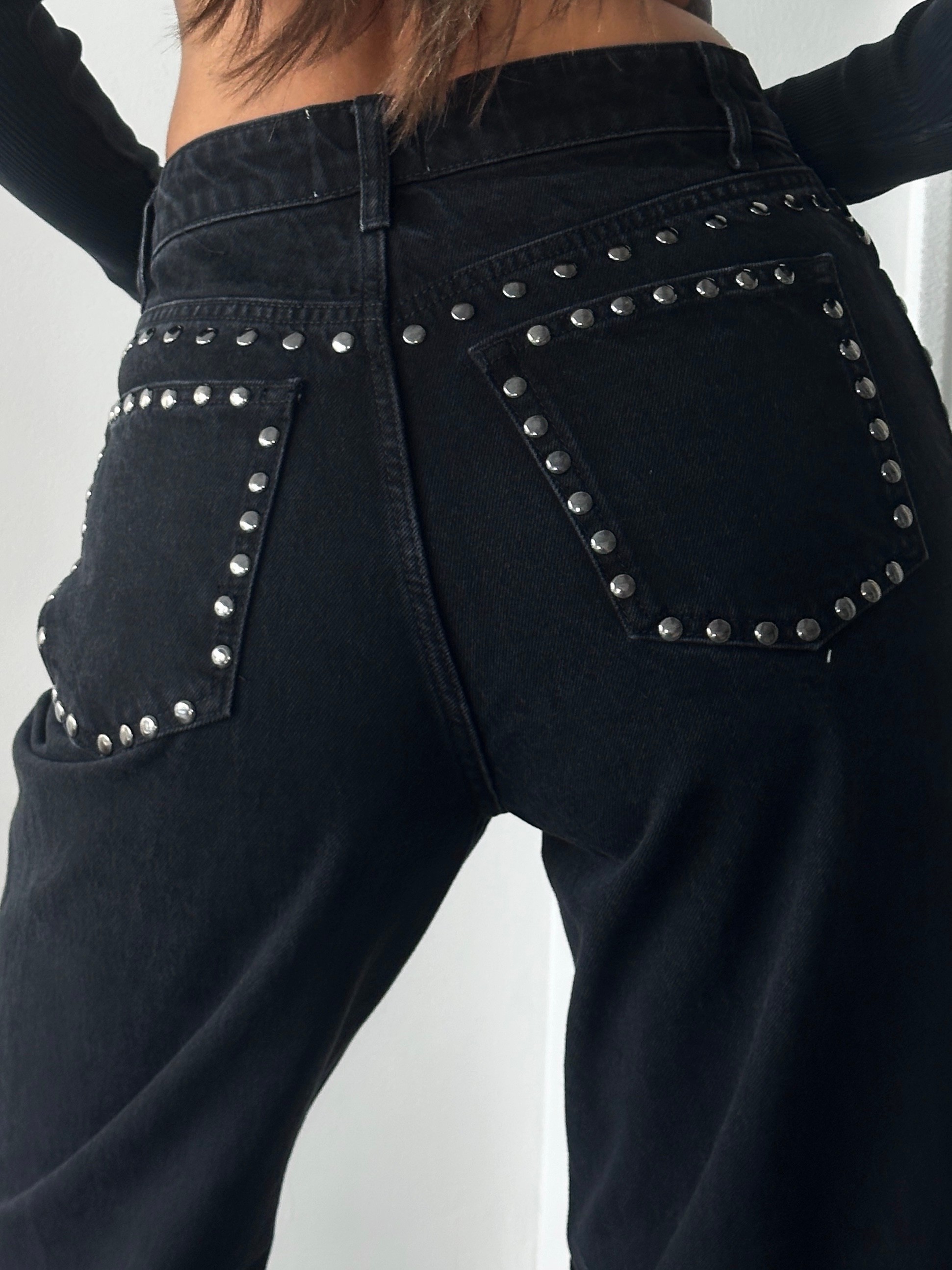 Zımba Detaylı Denim Palazzo  - Siyah