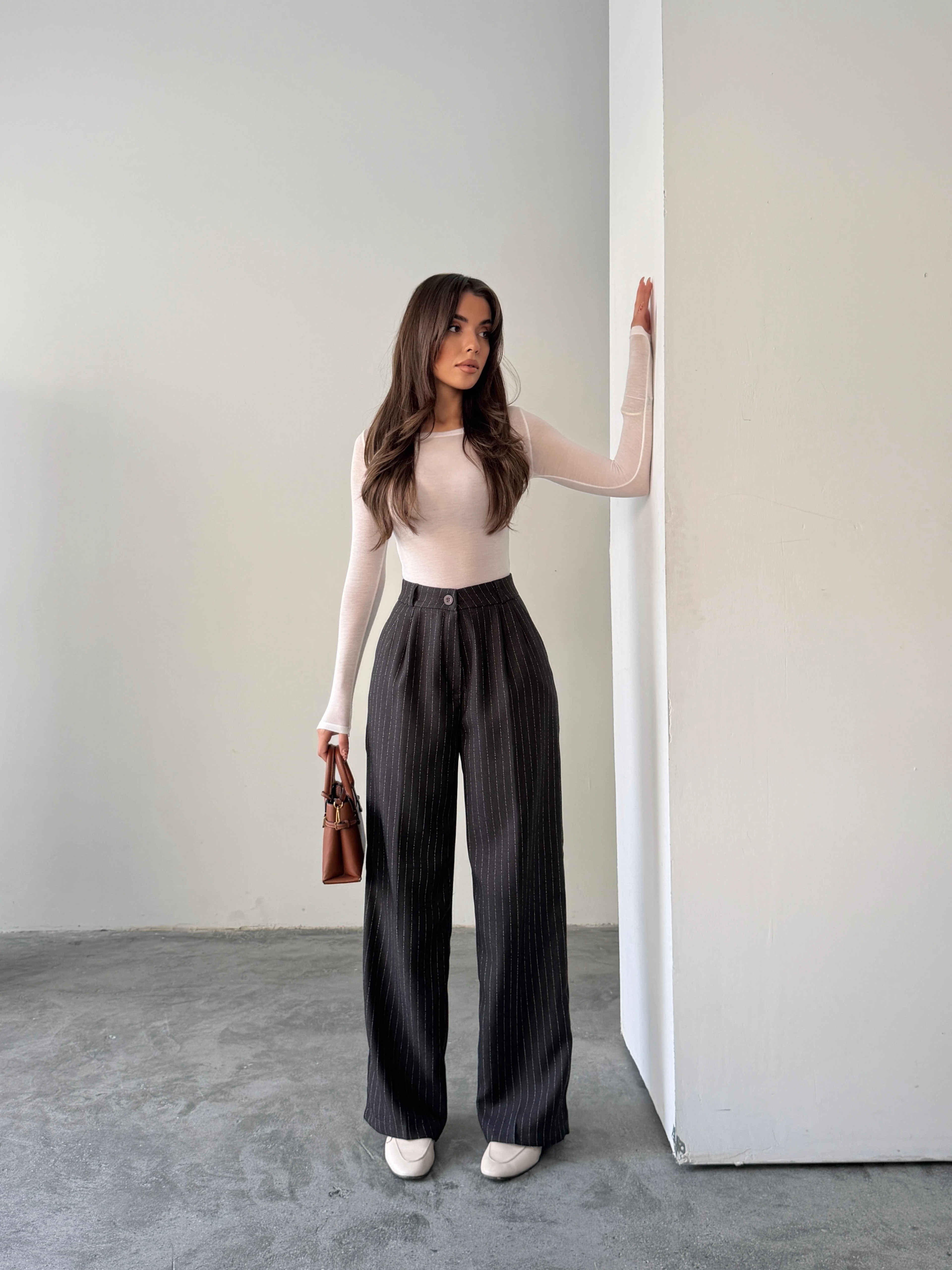 Yünefekt Çizgili Palazzo - Füme