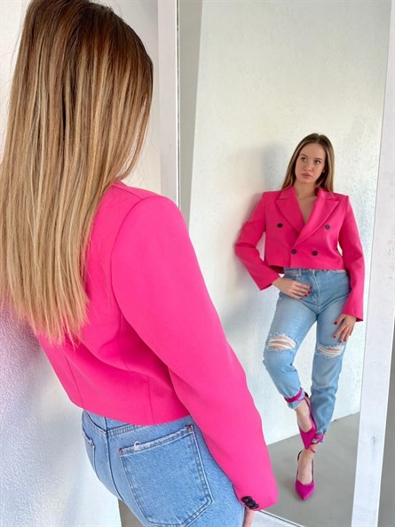 Düğmeli Kruvaze Crop Blazer Ceket Pembe