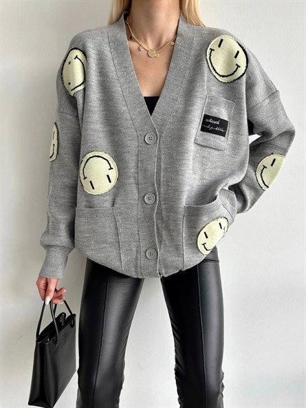 Oversize Emoji Triko Hırka Gri