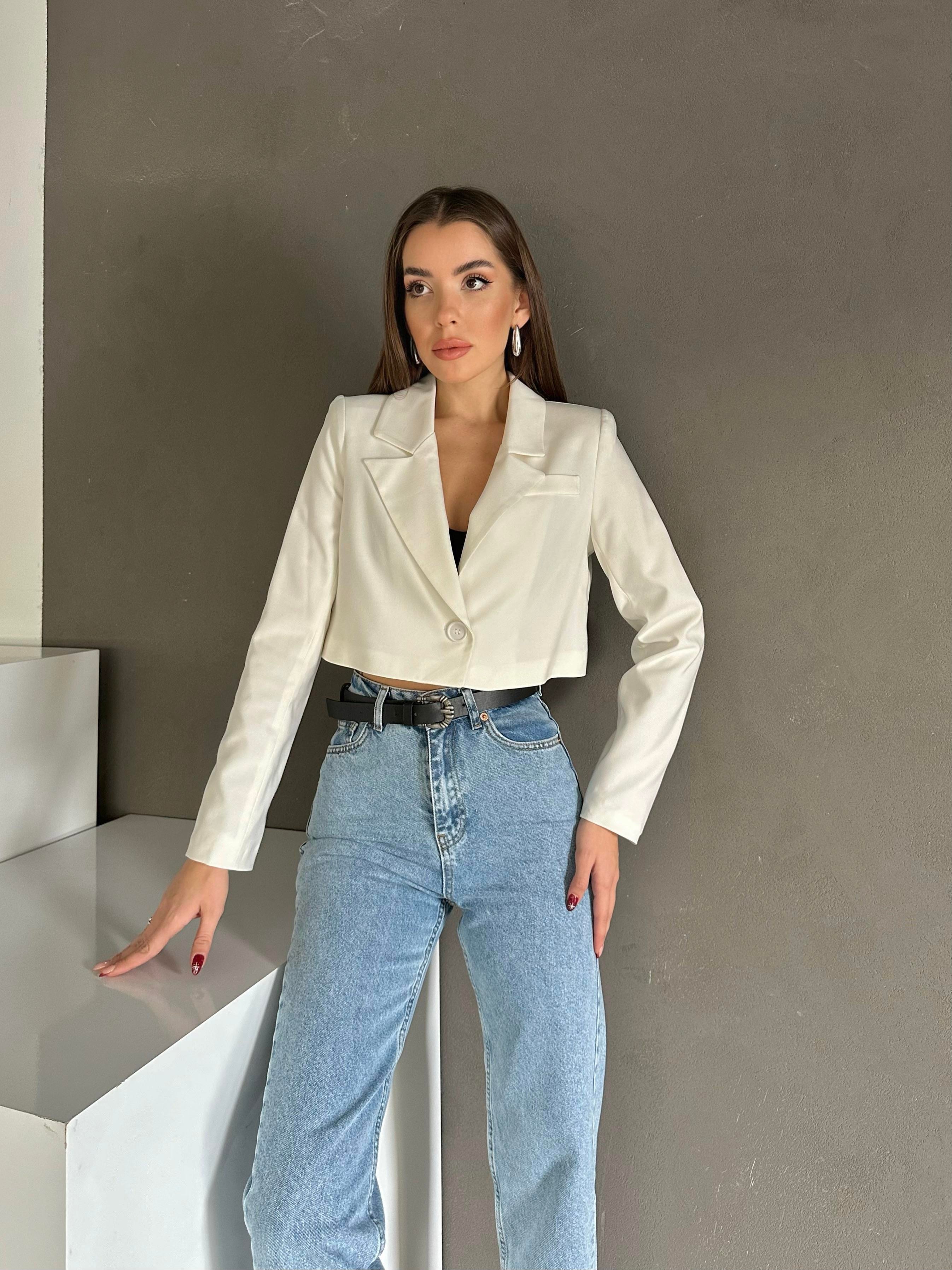 Tek Düğme Crop Blazer Beyaz