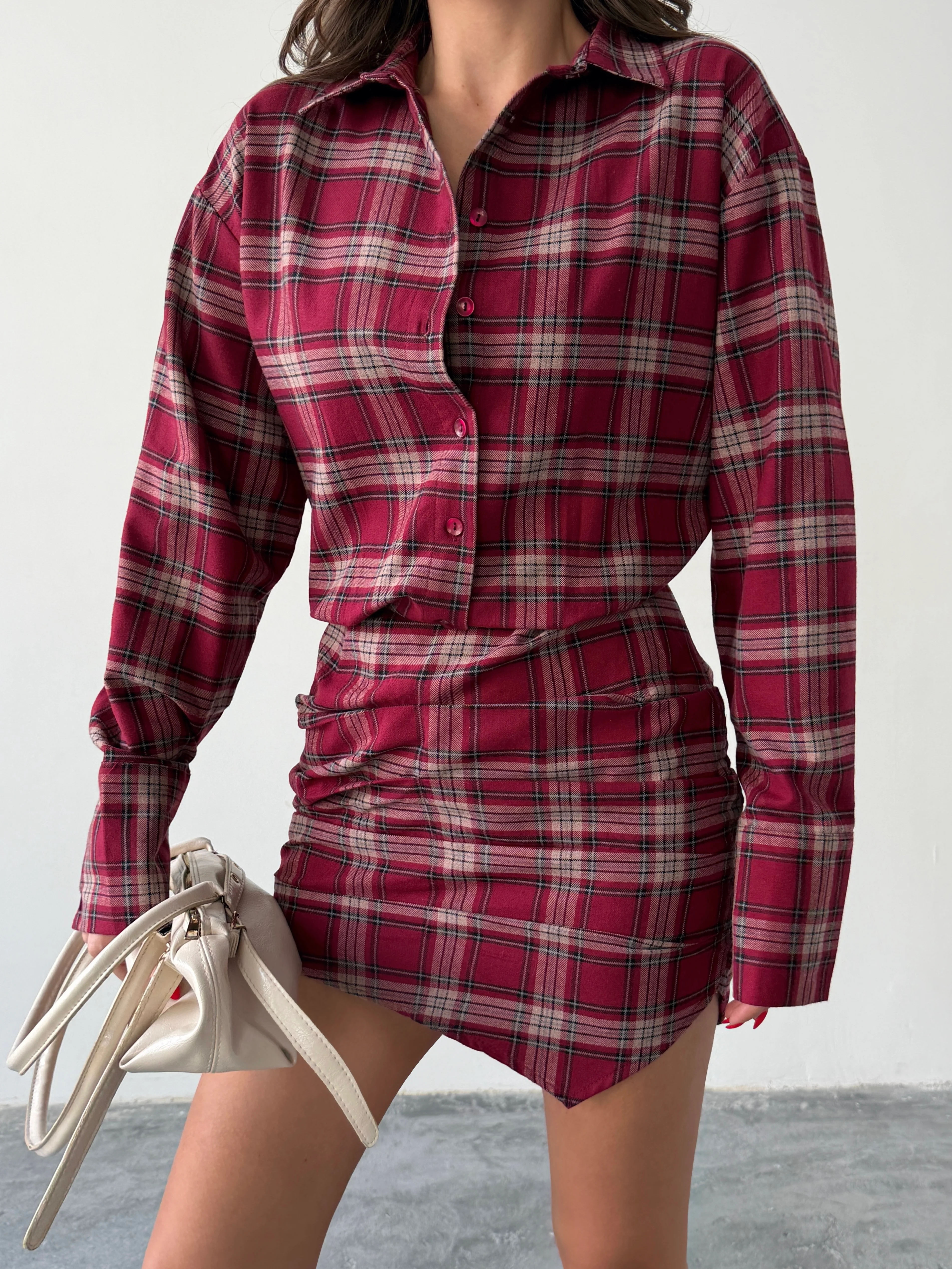 Ekose Gömlek Elbise  - Bordo