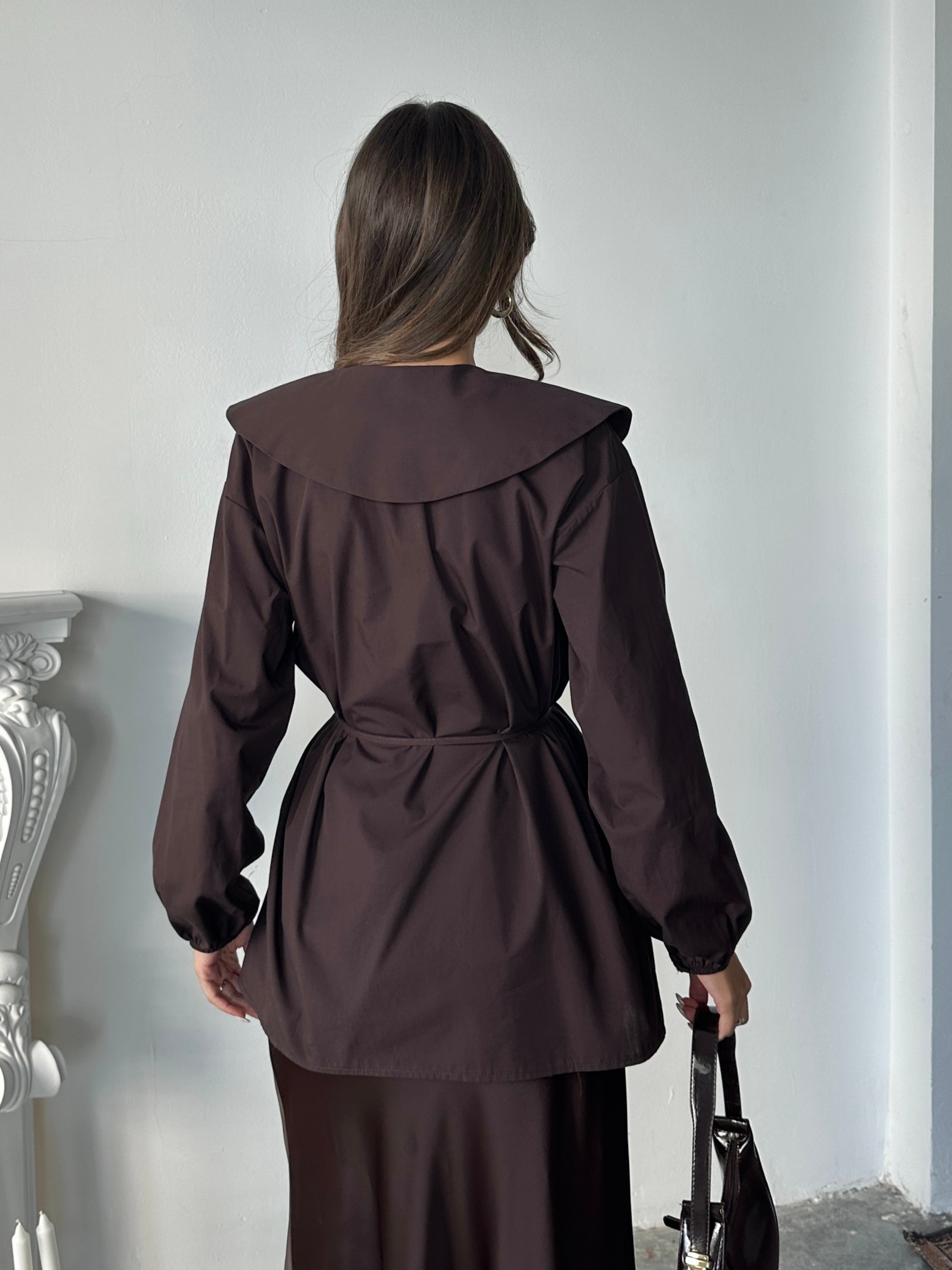 Geniş Yaka Poplin Gömlek - Kahve