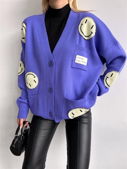 Oversize Emoji Triko Hırka Mor
