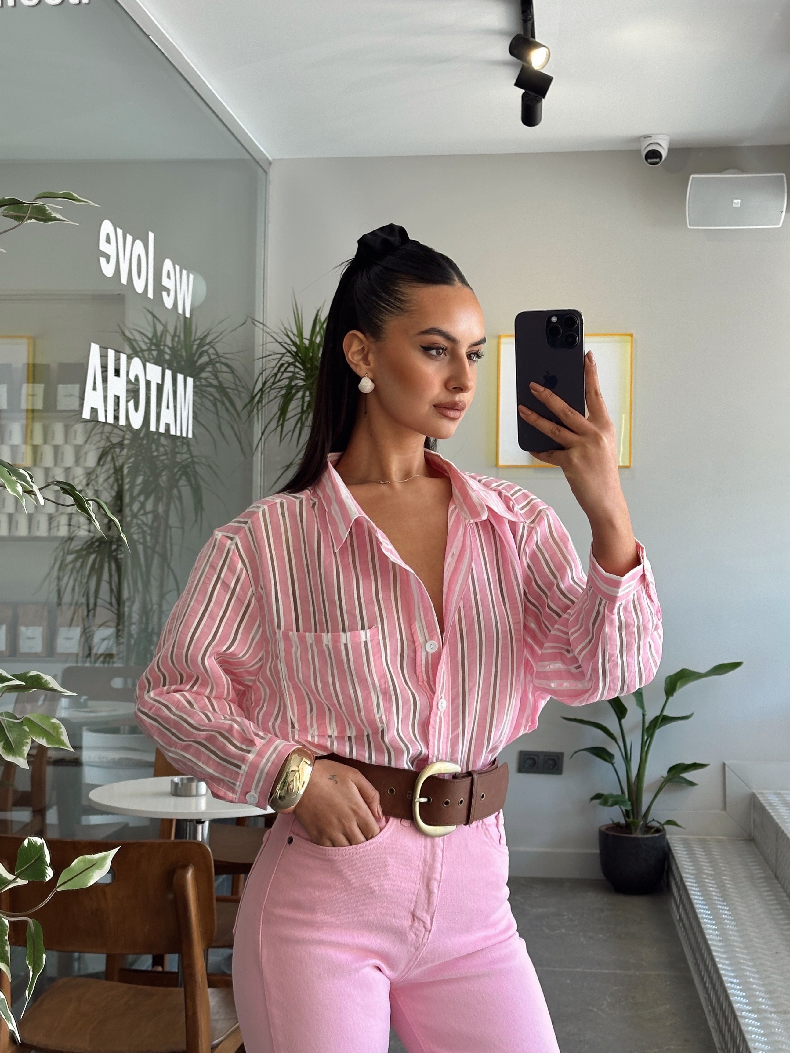 Oversize Çizgili Gömlek - Pembe