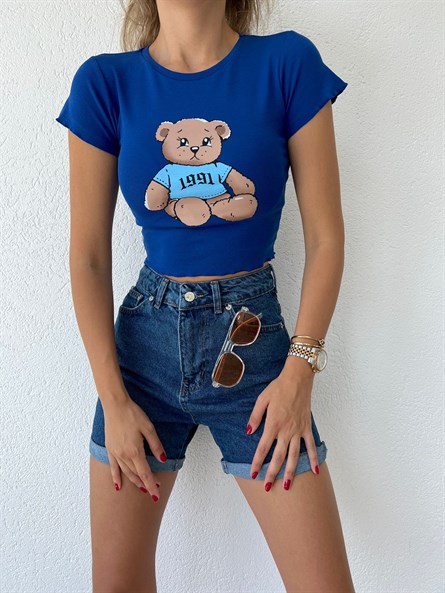 Teddy Kısakol Crop Top Saks Mavi