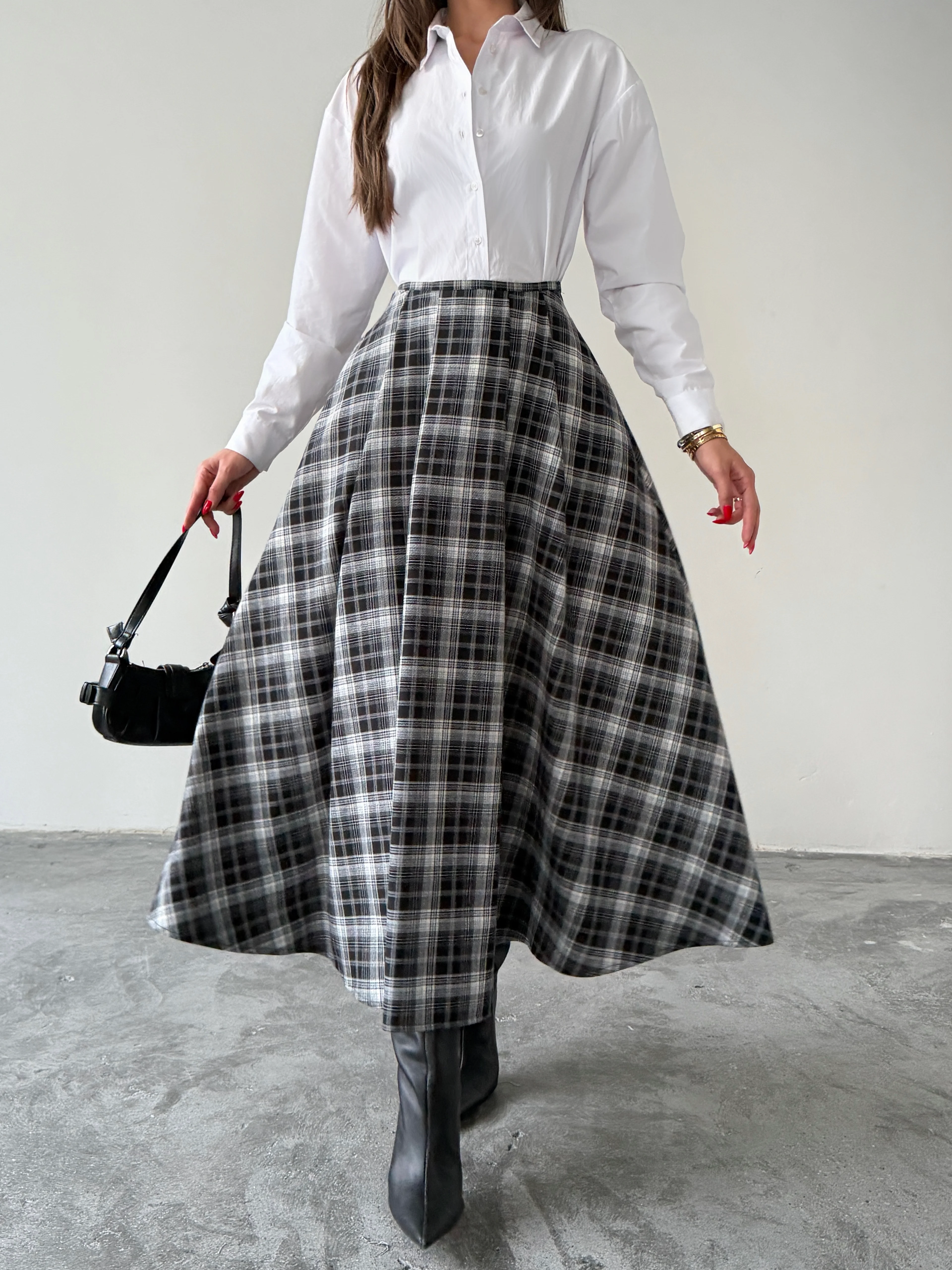 Pile Detaylı Ekose Kloş Etek