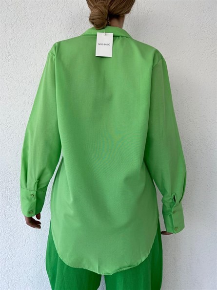 Kol Çift Düğme Oversize Poplin Gömlek Fıstık Yeşili