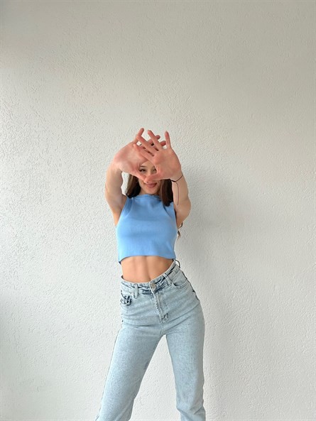 Dik Yaka Kolsuz Triko Bluz Bebe Mavi