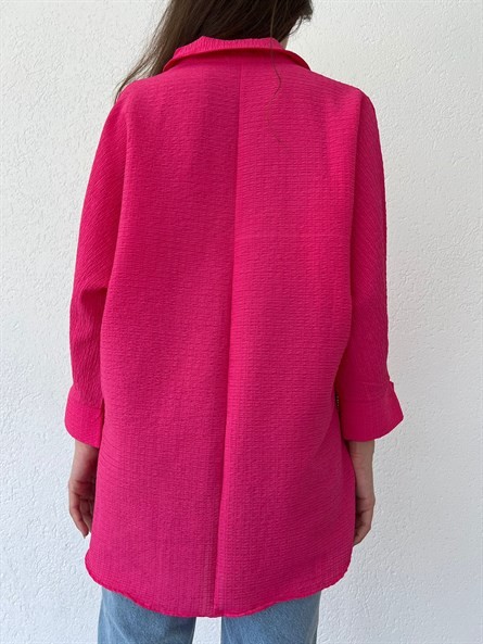 Yarasa Kol Oversize Gofre Gömlek Fuşya