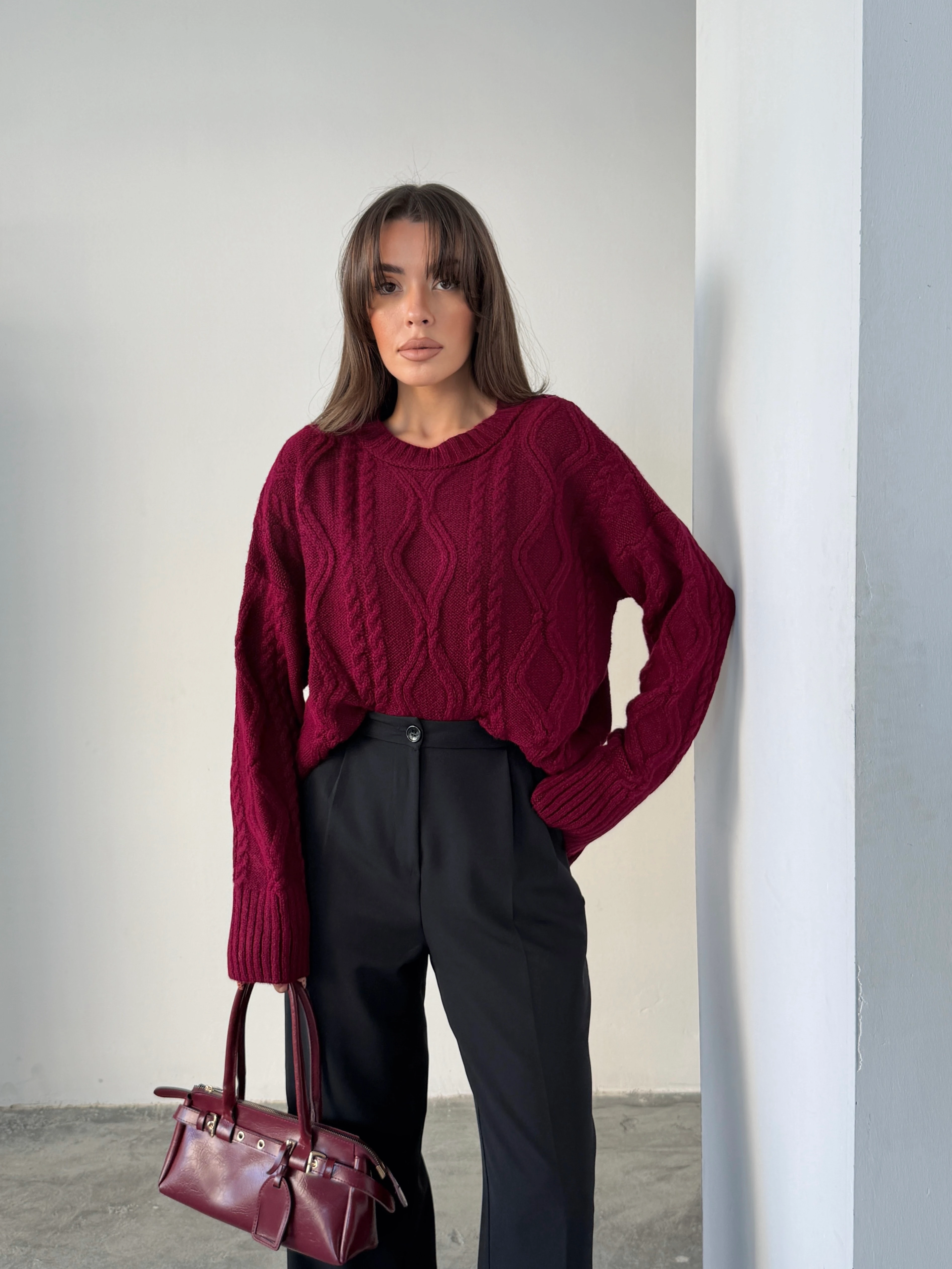 Saç Örgü Desenli Yıkamalı Triko - Bordo