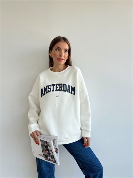 Amsterdam 3 İplik Şardonlu Sweatshirt Beyaz