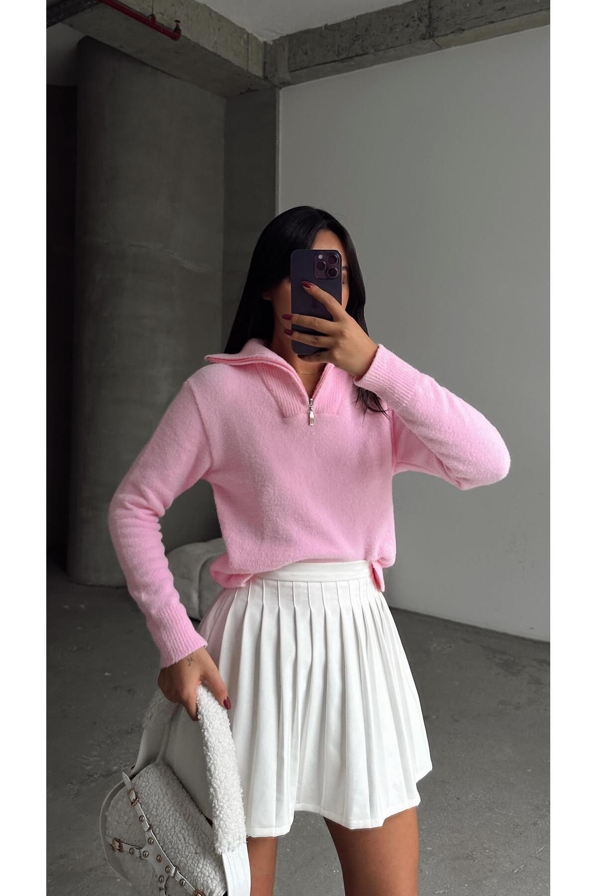 Fermuarlı Crop Kazak Pembe