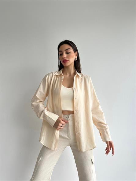 Kol Çift Düğme Oversize Poplin Gömlek Krem