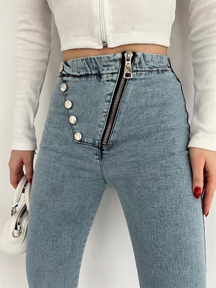 Asimetrik Düğme Detay Likralı Skinny Jean Buz Mavi