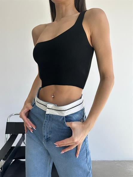 Tek Kol Triko Crop Siyah