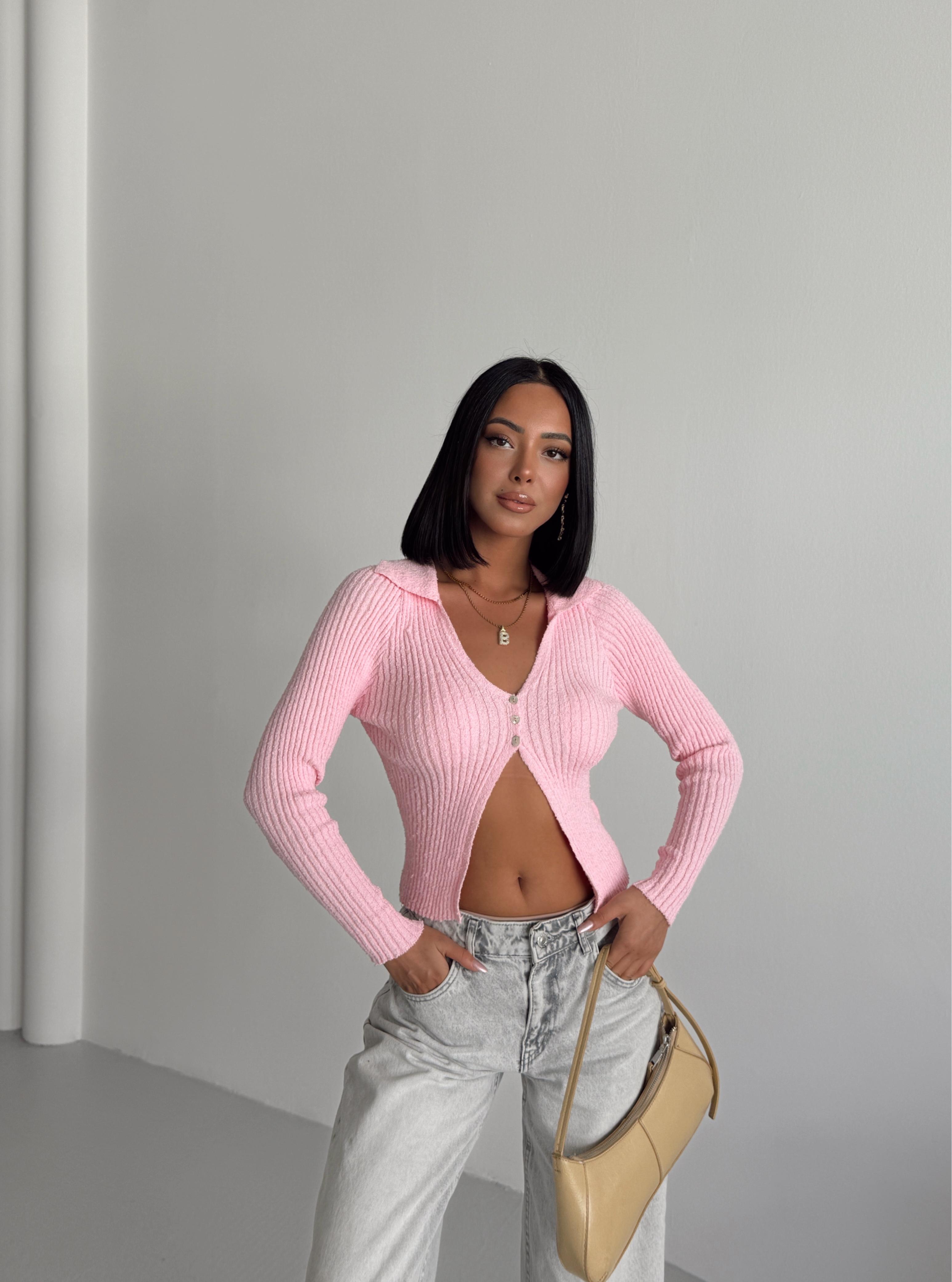 Polo Yaka 3 Düğmeli Triko - Pembe