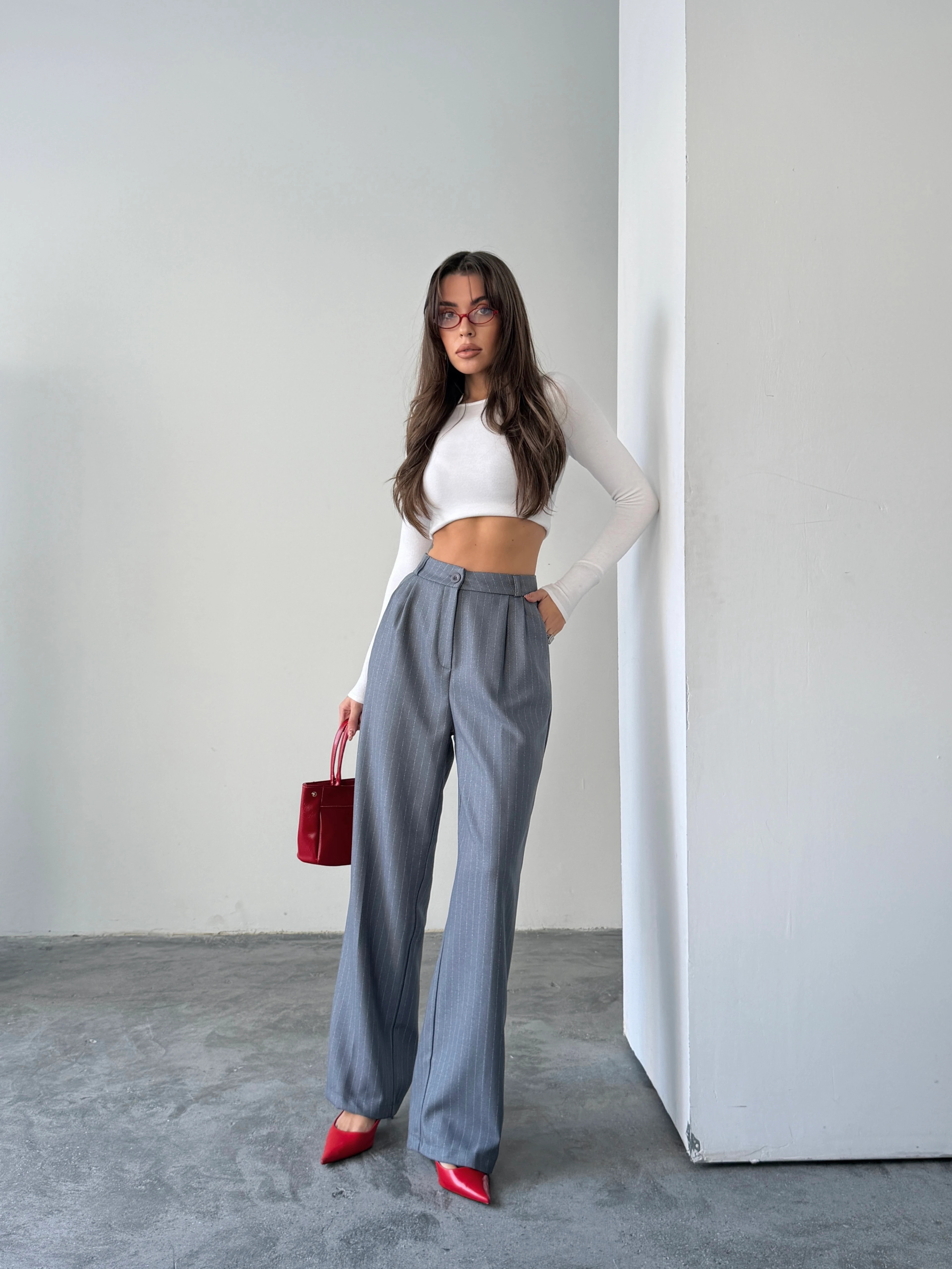 Yünefekt Çizgili Palazzo - Gri