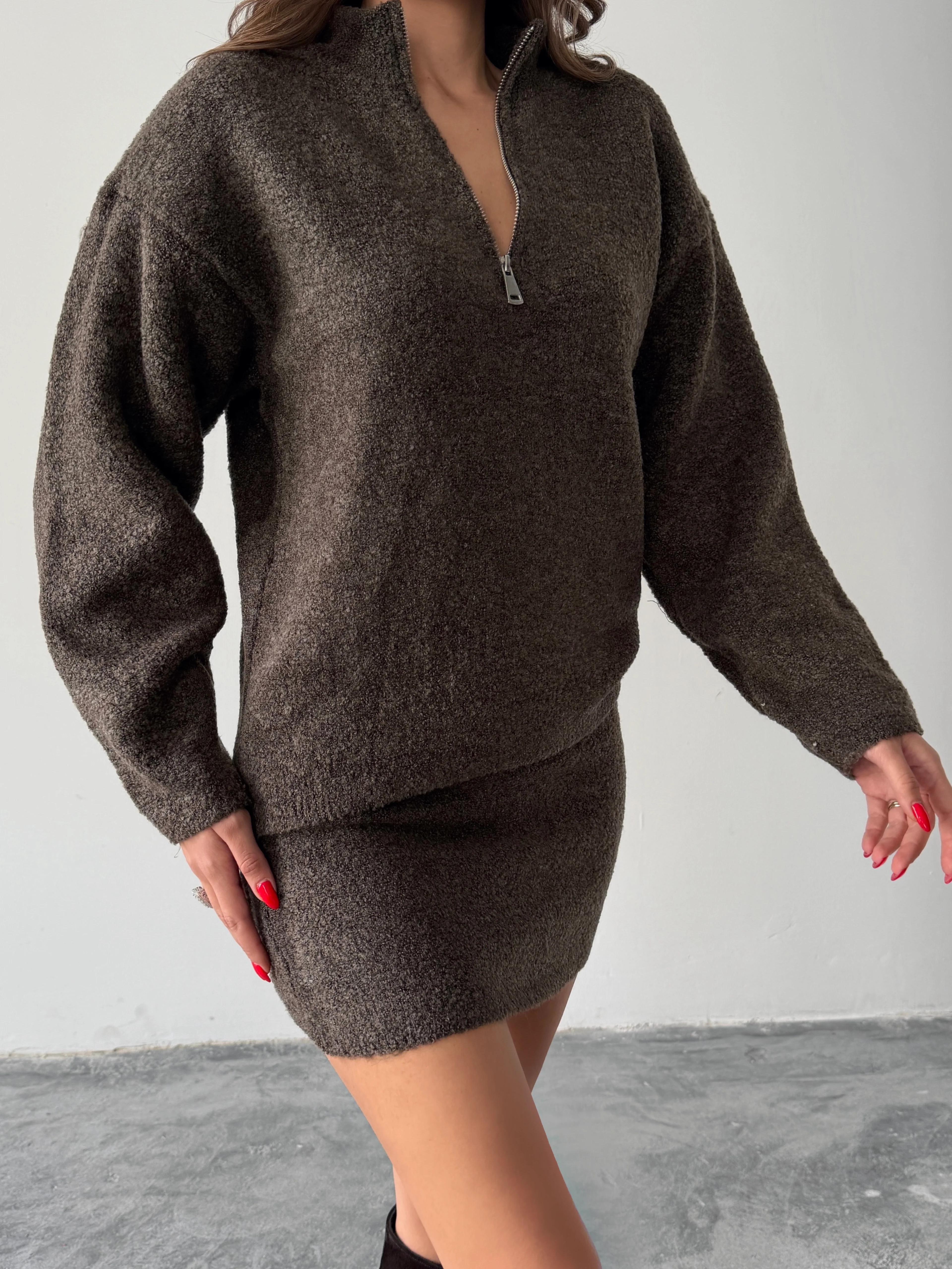 Yarım Fermuarlı Triko Takım  - Kahve