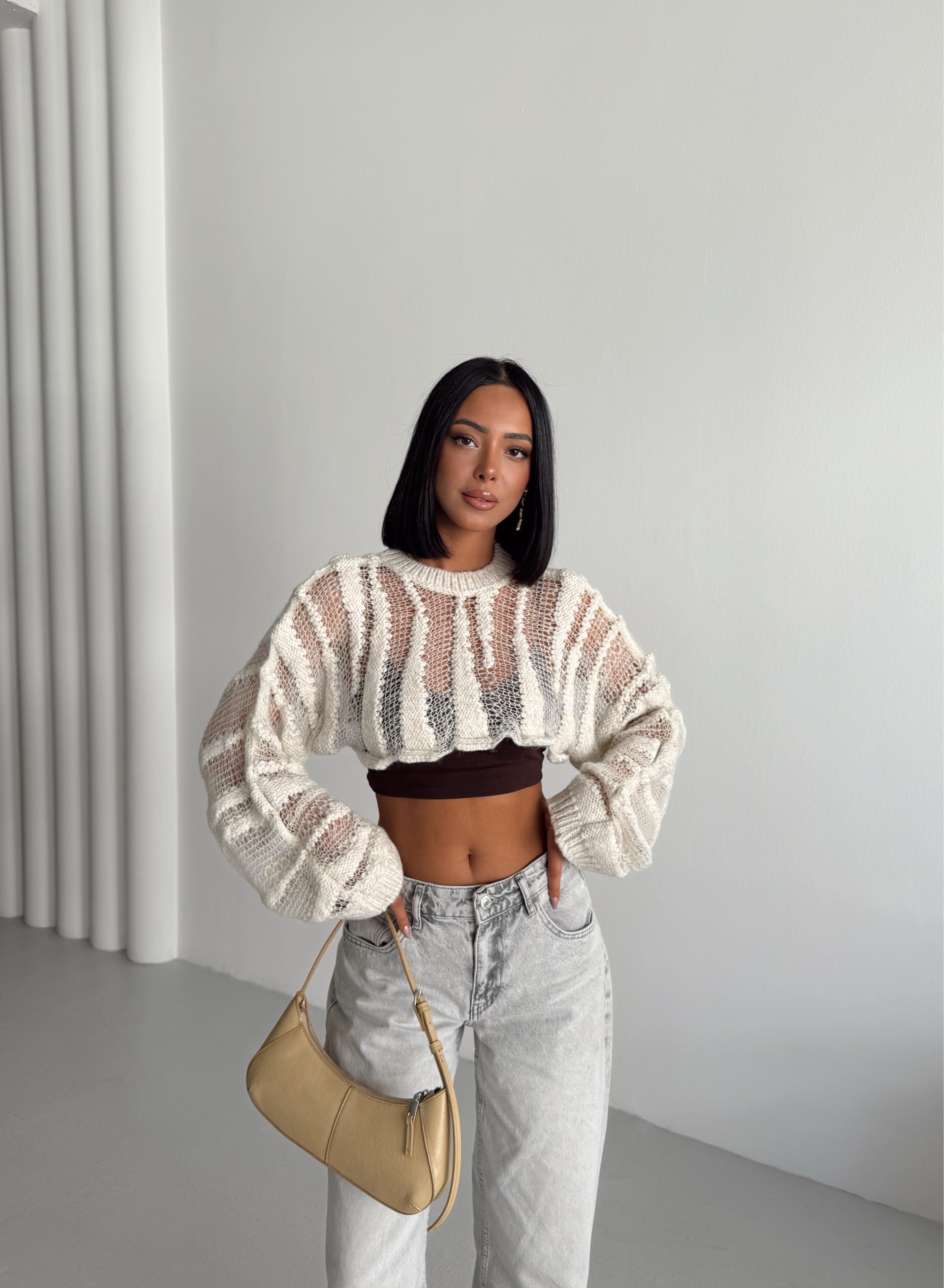 Ajurlu Crop Triko - Krem