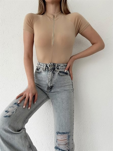 Fermuarlı Dik Yaka Sandy Bodysuit Bej